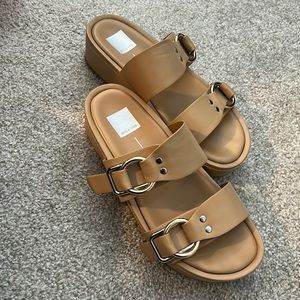 Dolce Vita tan leather platforms, gold & silver buckles, size 9.5